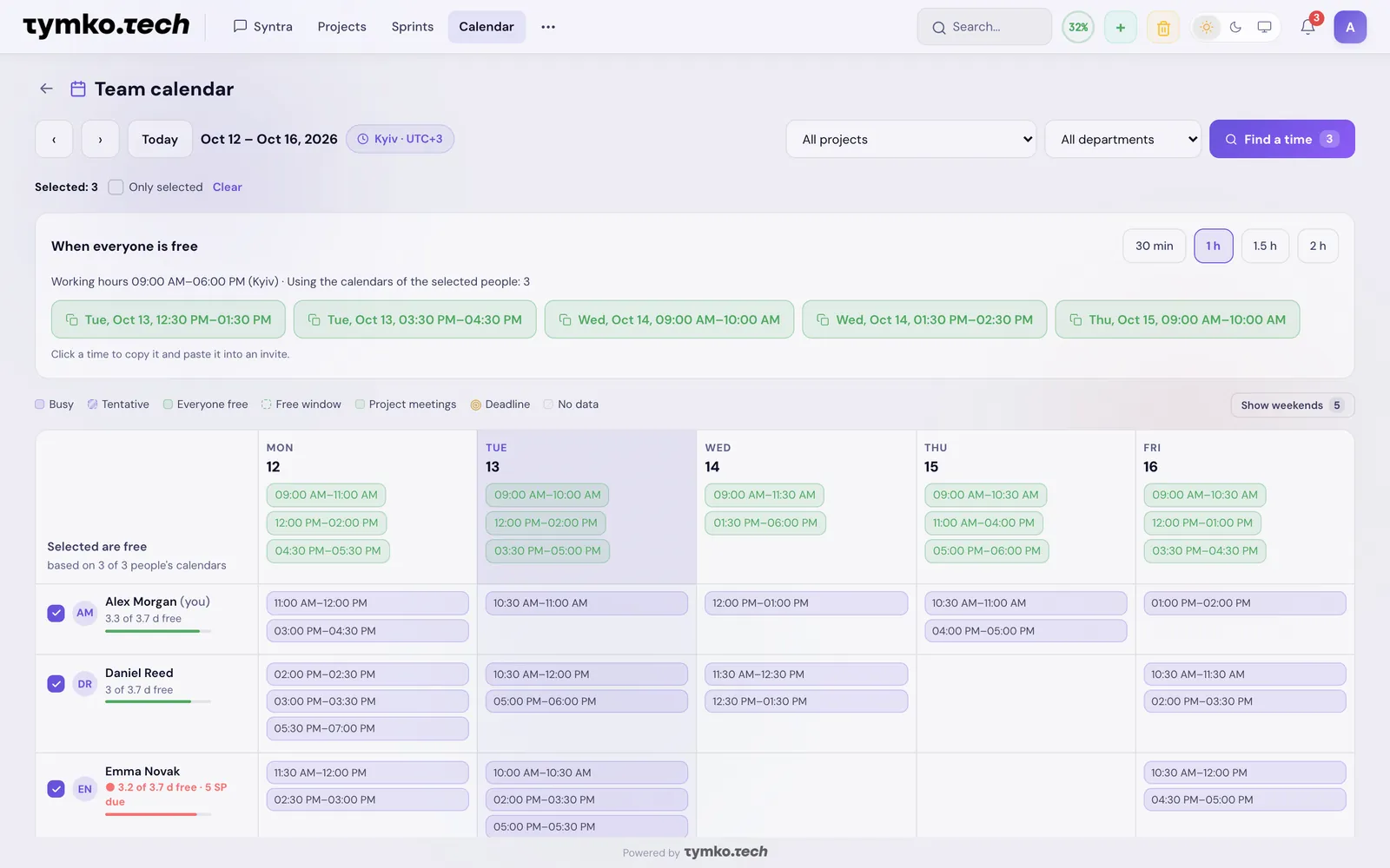 Gewünschte Personen markieren — „Zeit finden“ zeigt, wann alle frei sind.