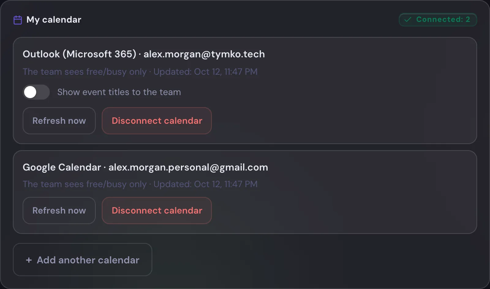 Mehrere Kalender pro Person. Ob das Team Terminnamen sieht, entscheiden Sie.